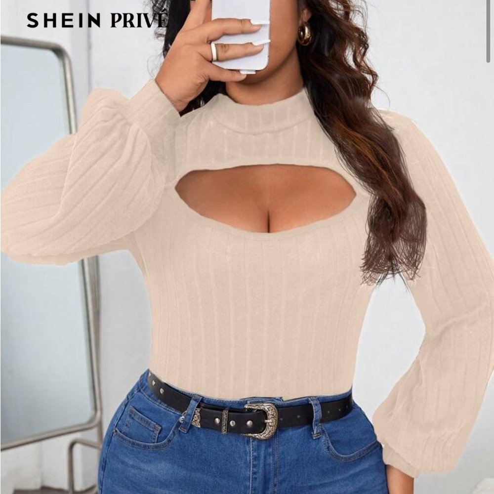 SHEIN Cream Ribbed Cutout Sweater